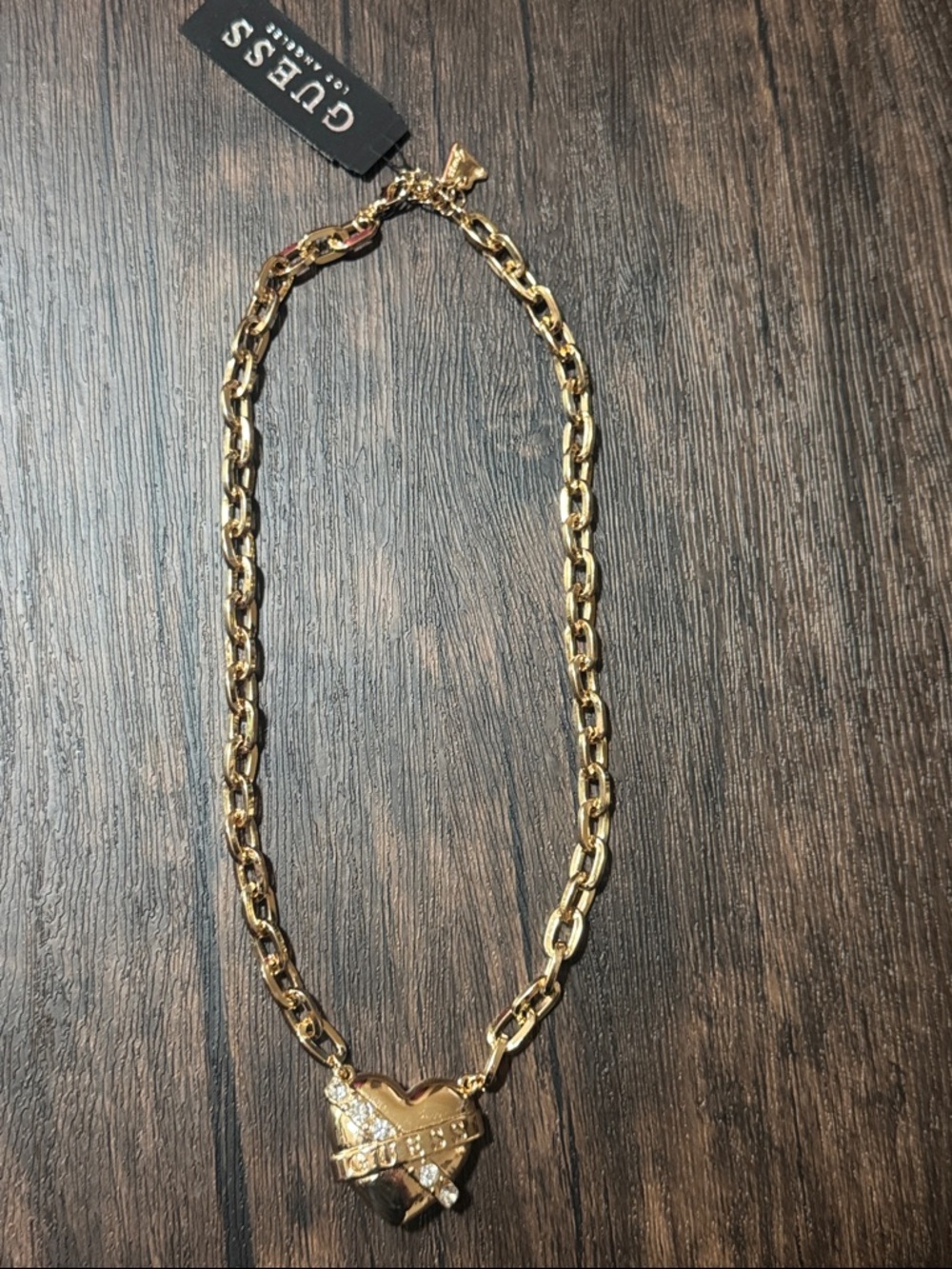Guess Gold-Tone Heart Charm Necklace with Crystal Accents